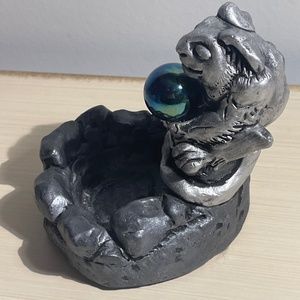 Gargoyle Sitting on Round Wall with Colorful Iridescent Ball- Signed Mahana